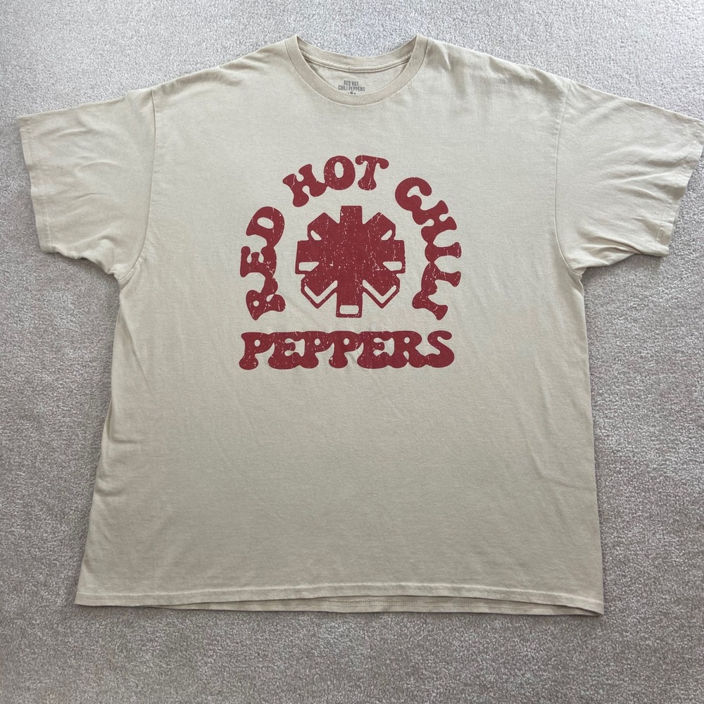 Red Hot Chili Peppers Graphic Tee Mens 2XL Tan Red Logo Short Sleeve Shirt